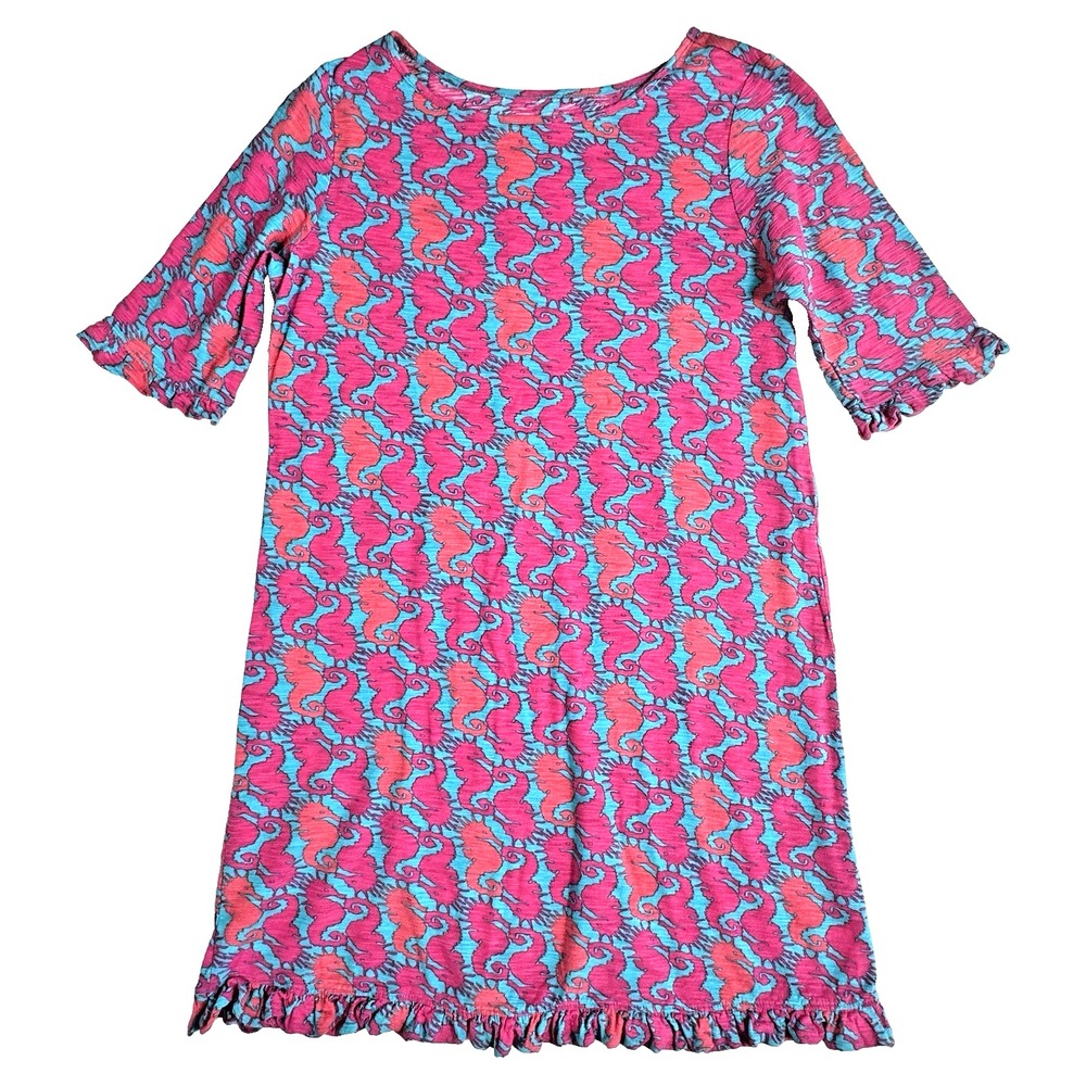 Lilly Pulitzer Little Lilly Shift Dress Girls XL 12-14 Pink Blue Seahorse Ruffle